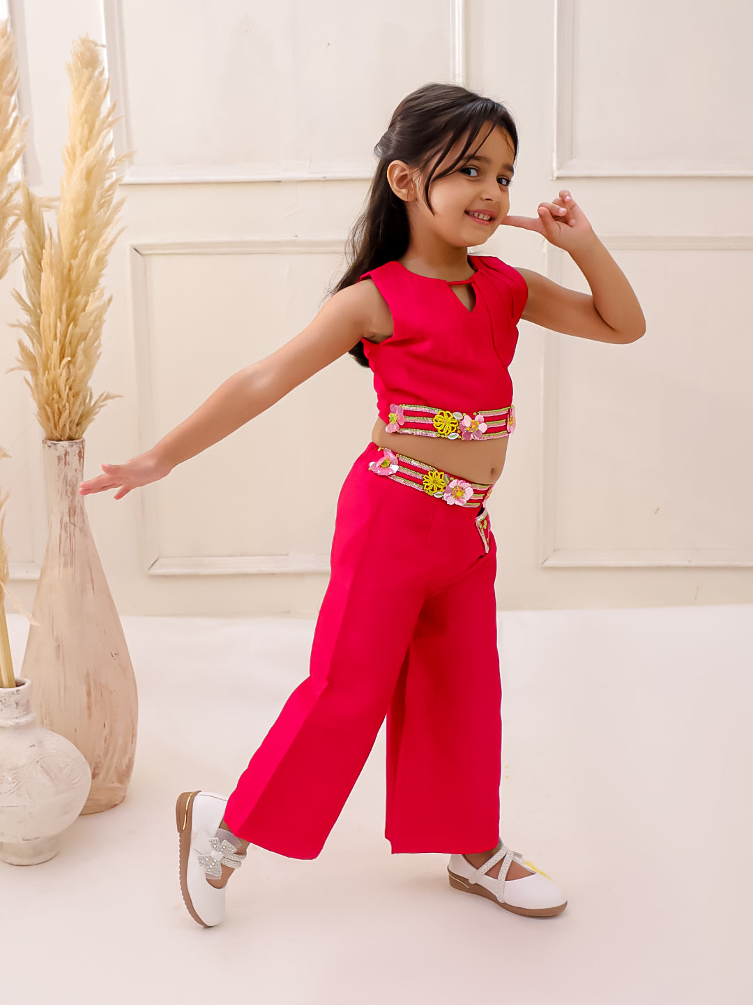 PINK PETAL EMBROIDERED CROP TOP PANTS