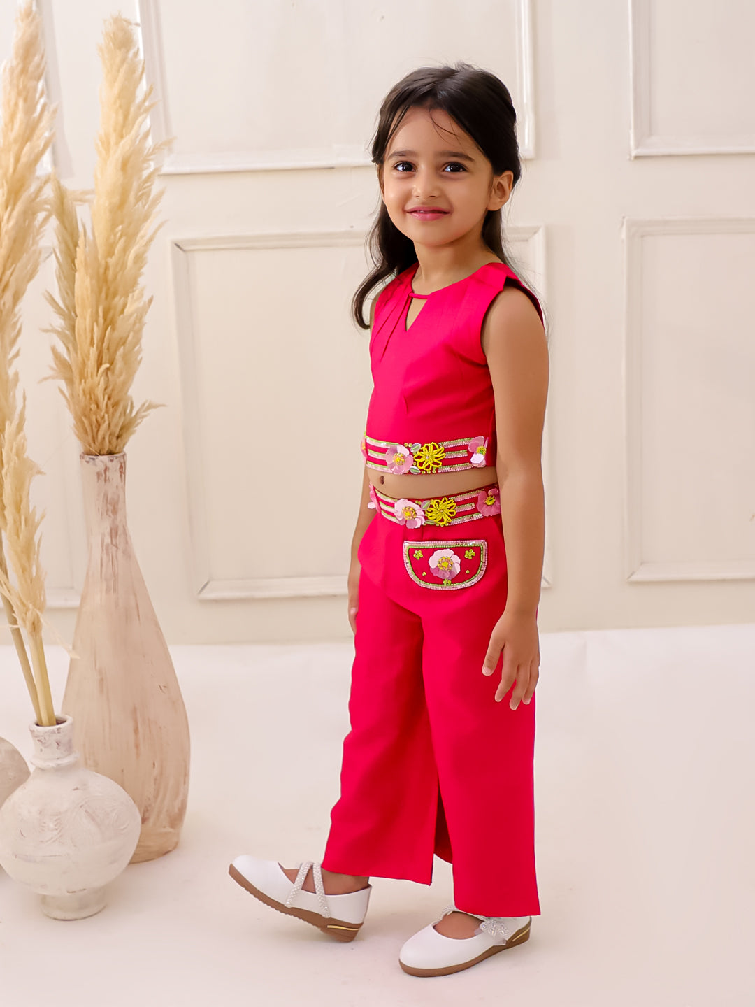PINK PETAL EMBROIDERED CROP TOP PANTS