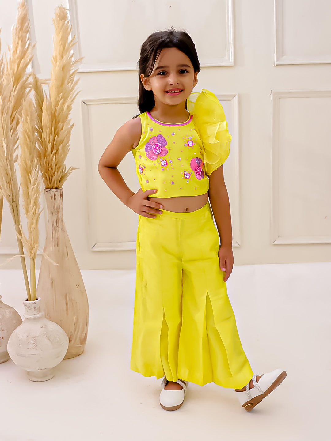 YELLOW ONE SIDE RUFFLE CROP TOP - PANTS SET