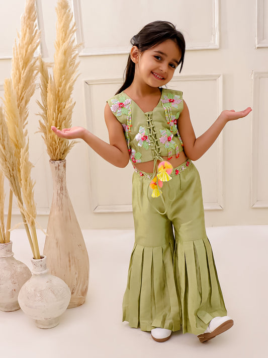 OLIVE BLOOM 3D EMBROIDERED SHARARA SET