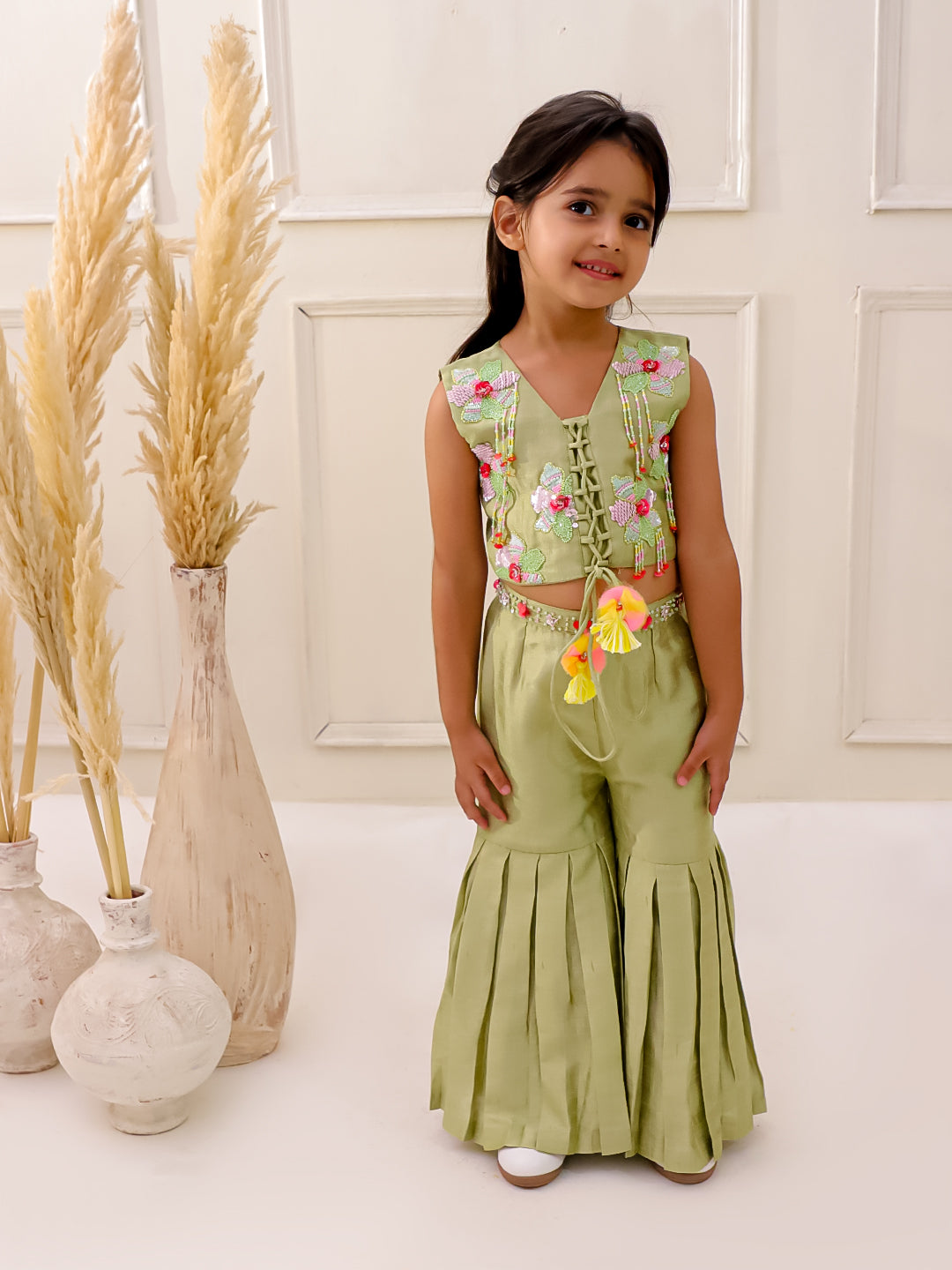 OLIVE BLOOM 3D EMBROIDERED SHARARA SET