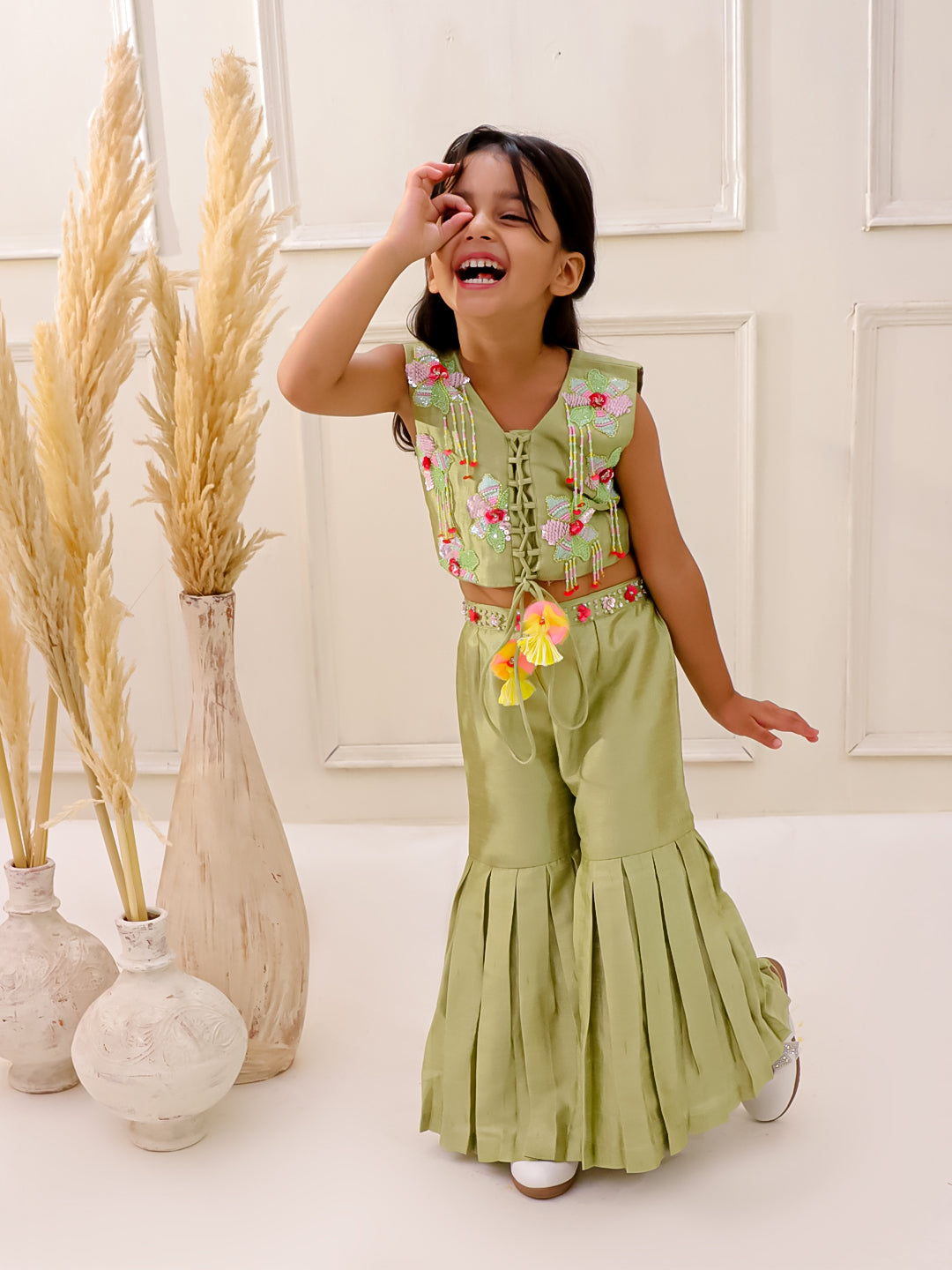 OLIVE BLOOM 3D EMBROIDERED SHARARA SET