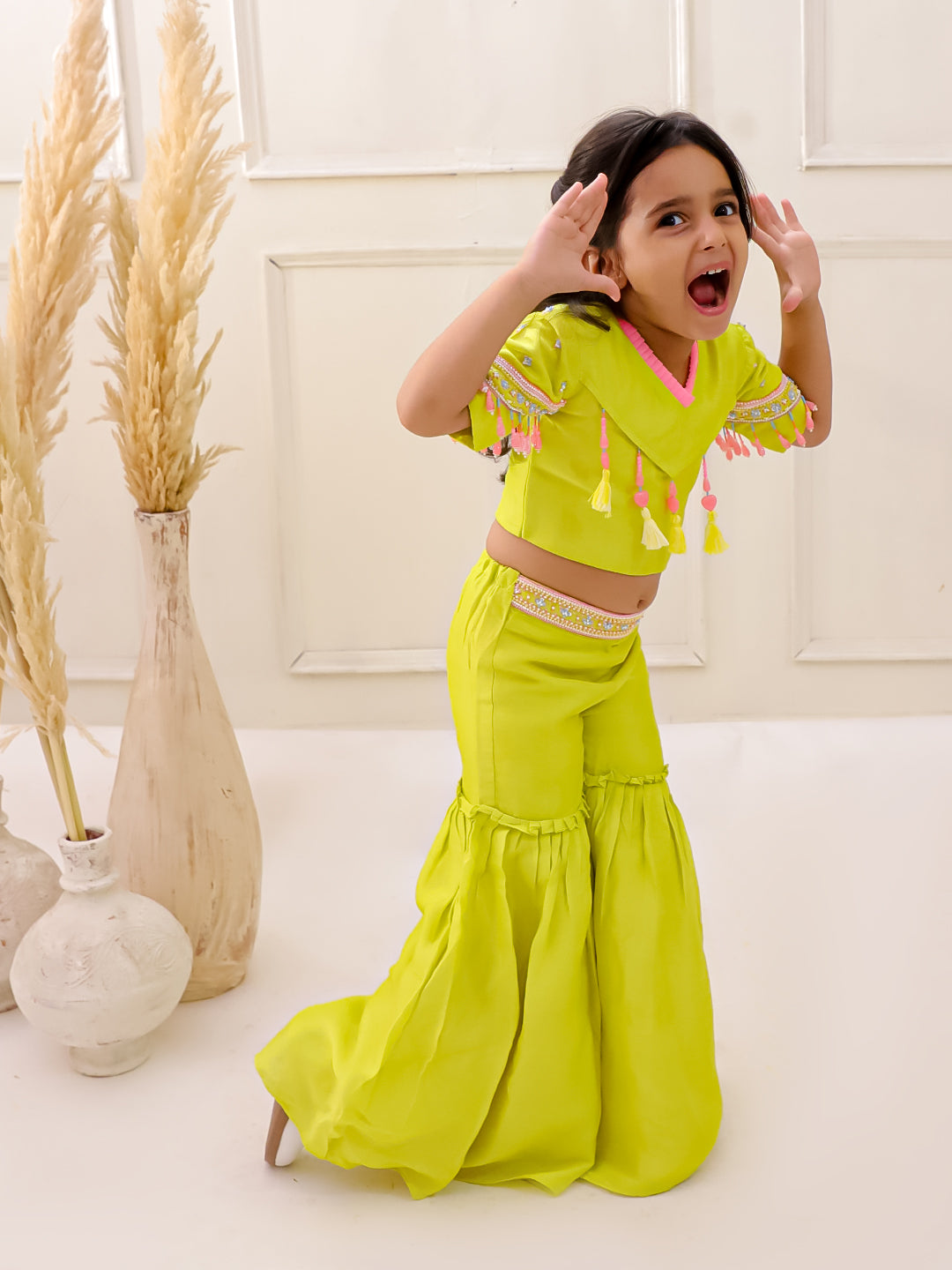 LIGHT GREEN EMBROIDERED CROP TOP SHARARA SET
