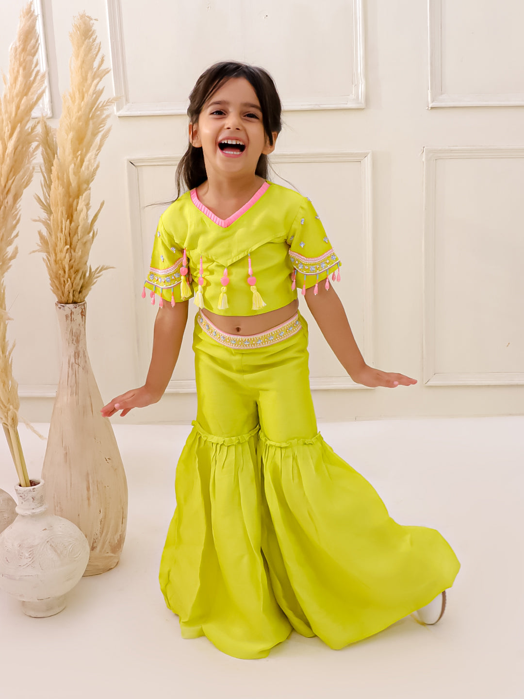 LIGHT GREEN EMBROIDERED CROP TOP SHARARA SET