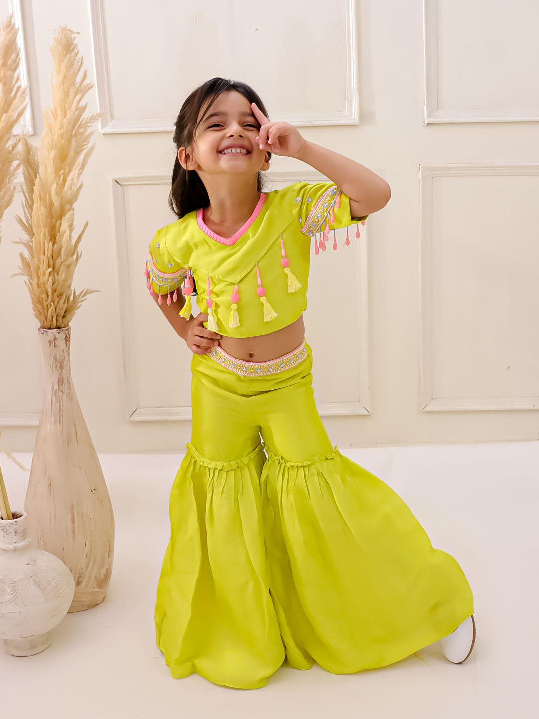 LIGHT GREEN EMBROIDERED CROP TOP SHARARA SET
