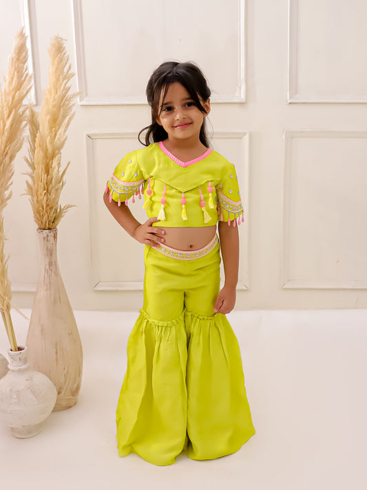 LIGHT GREEN EMBROIDERED CROP TOP SHARARA SET