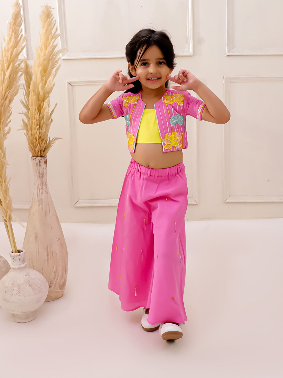 3D CHARM,PINK EMBROIDERED JACKET SET