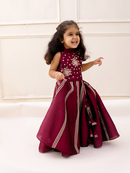 MAROON HALTER NECK CROP TOP LEHENGA SET