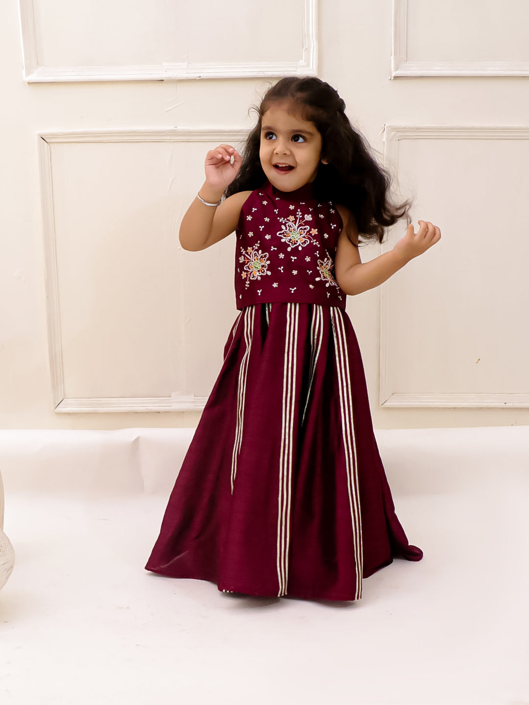 MAROON HALTER NECK CROP TOP LEHENGA SET