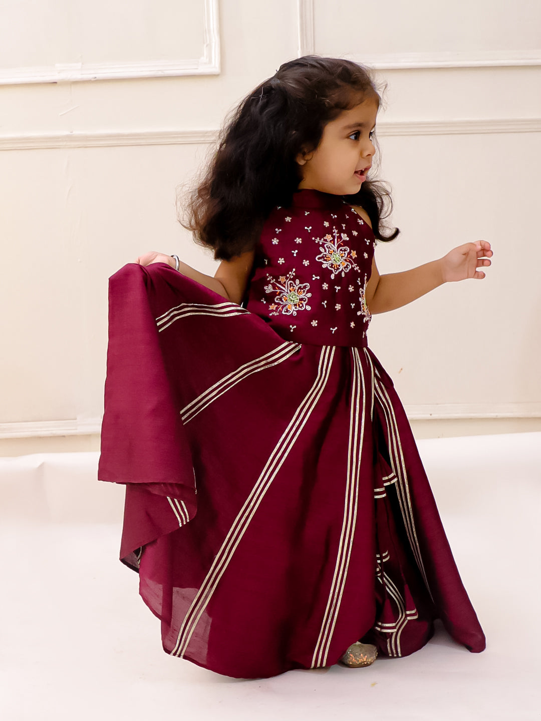 MAROON HALTER NECK CROP TOP LEHENGA SET