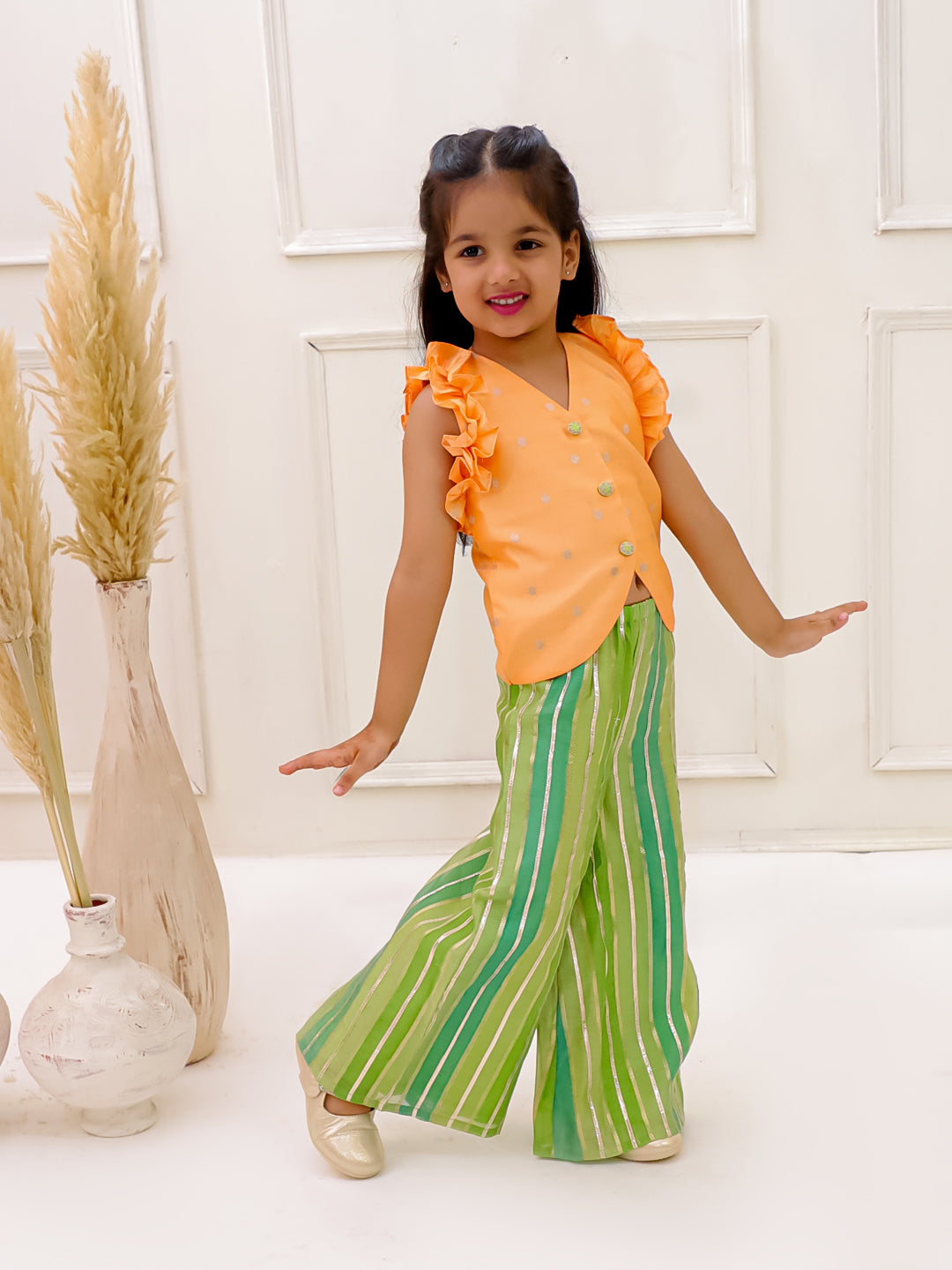 PEACH AND STRIPES ,VEST COAT SET