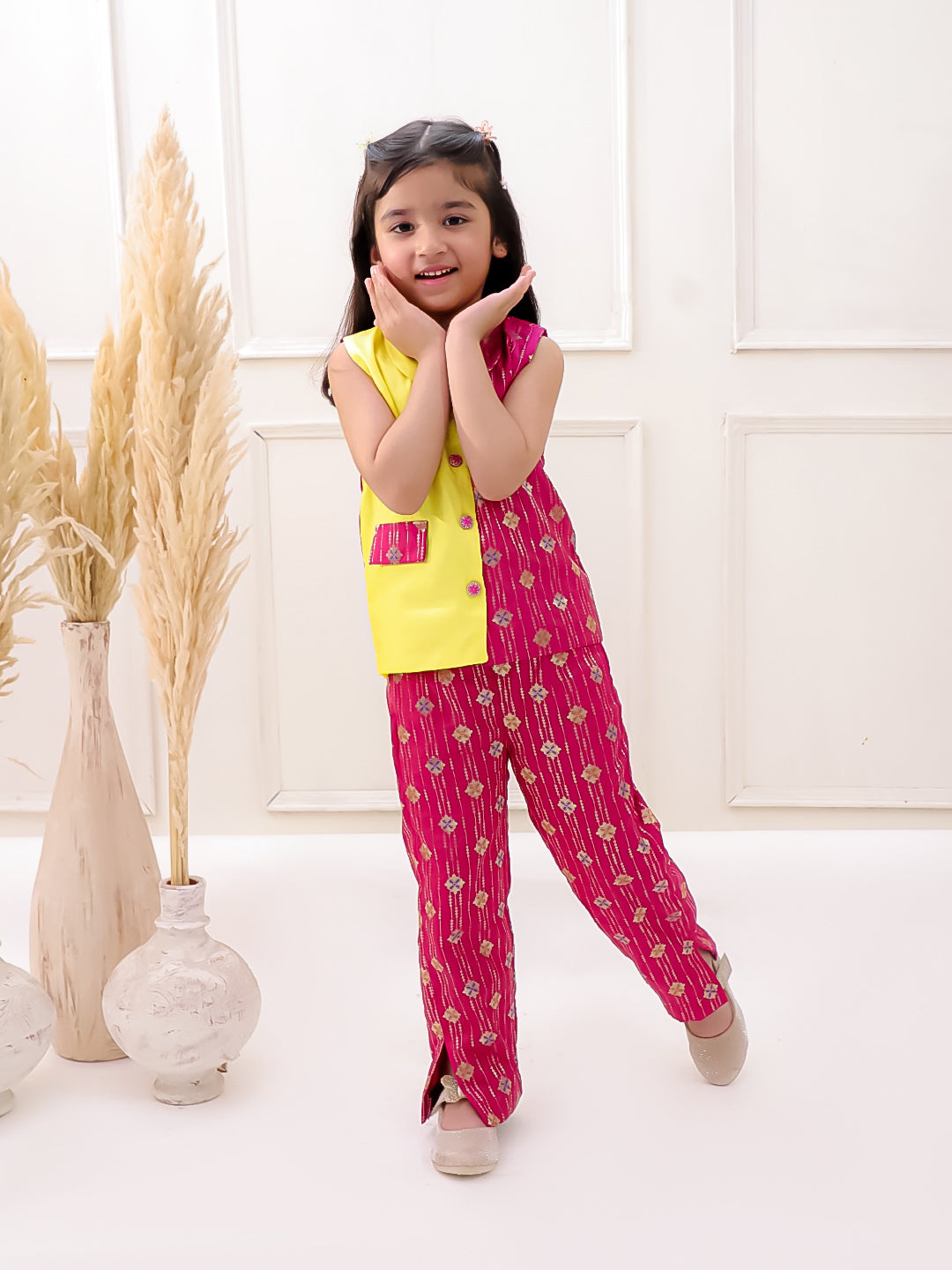 YELLOW PINK SILK VEST COAT SET