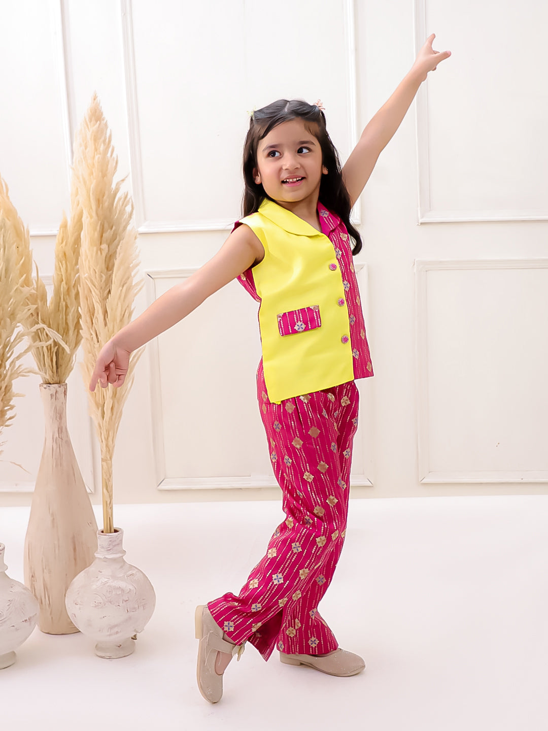 YELLOW PINK SILK VEST COAT SET