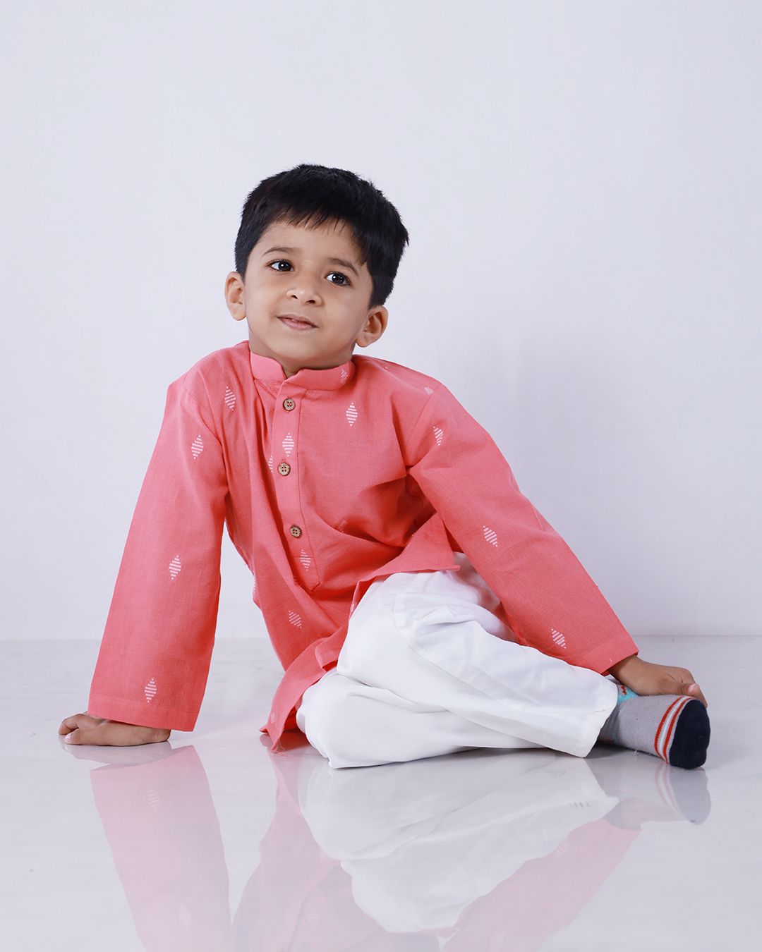 STYLISH PEACH BOY’S KURTA WITH WHITE COTTON PANTS