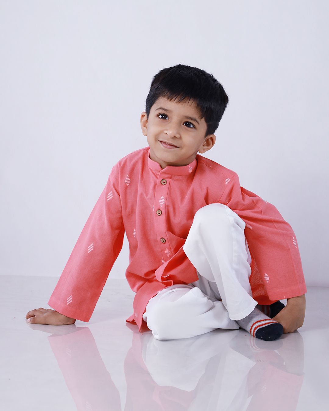 STYLISH PEACH BOY’S KURTA WITH WHITE COTTON PANTS
