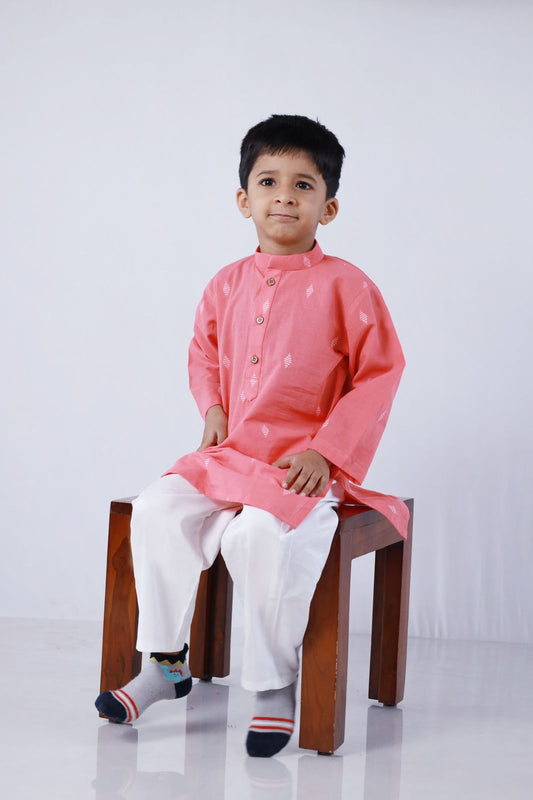 STYLISH PEACH BOY’S KURTA WITH WHITE COTTON PANTS