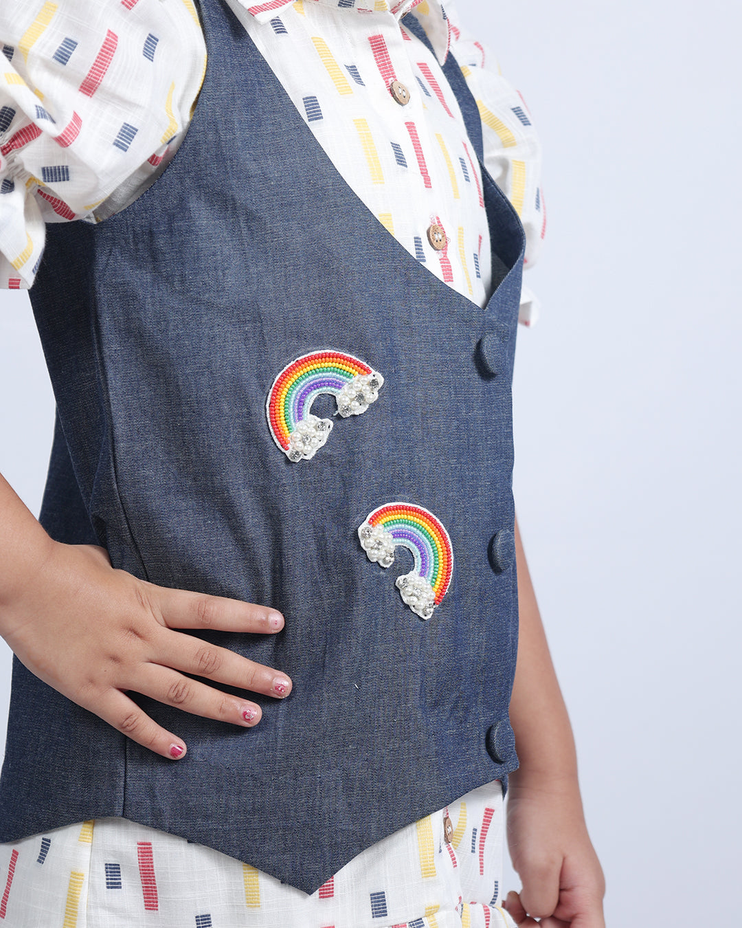 WHITE SHIRT DRESS WITH RAINBOW DENIM JACKET