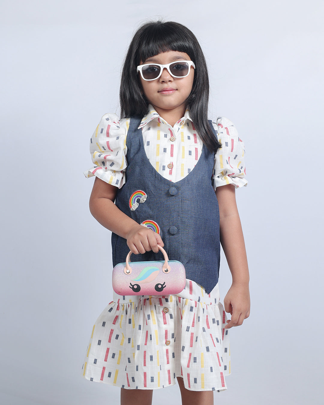 WHITE SHIRT DRESS WITH RAINBOW DENIM JACKET