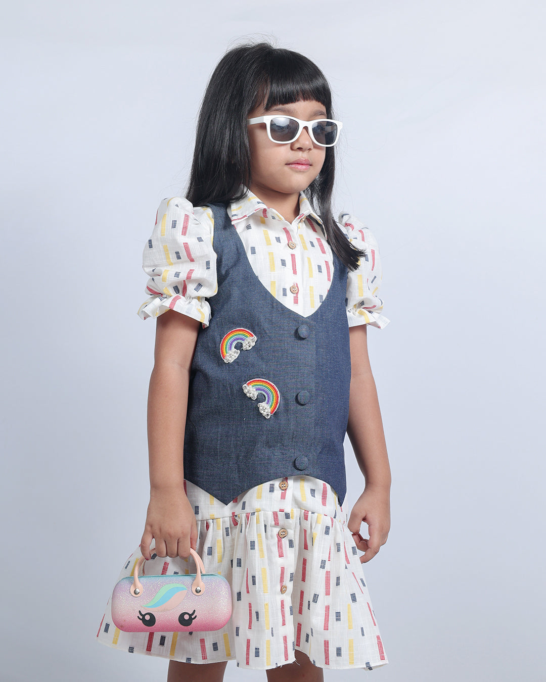 WHITE SHIRT DRESS WITH RAINBOW DENIM JACKET