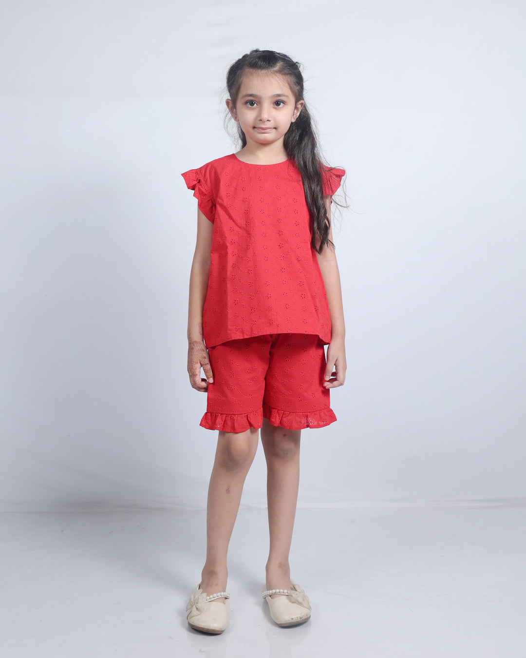 RED SCHIFFLI CO-ORD SET
