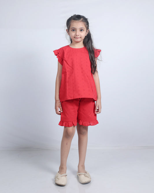 RED SCHIFFLI CO-ORD SET