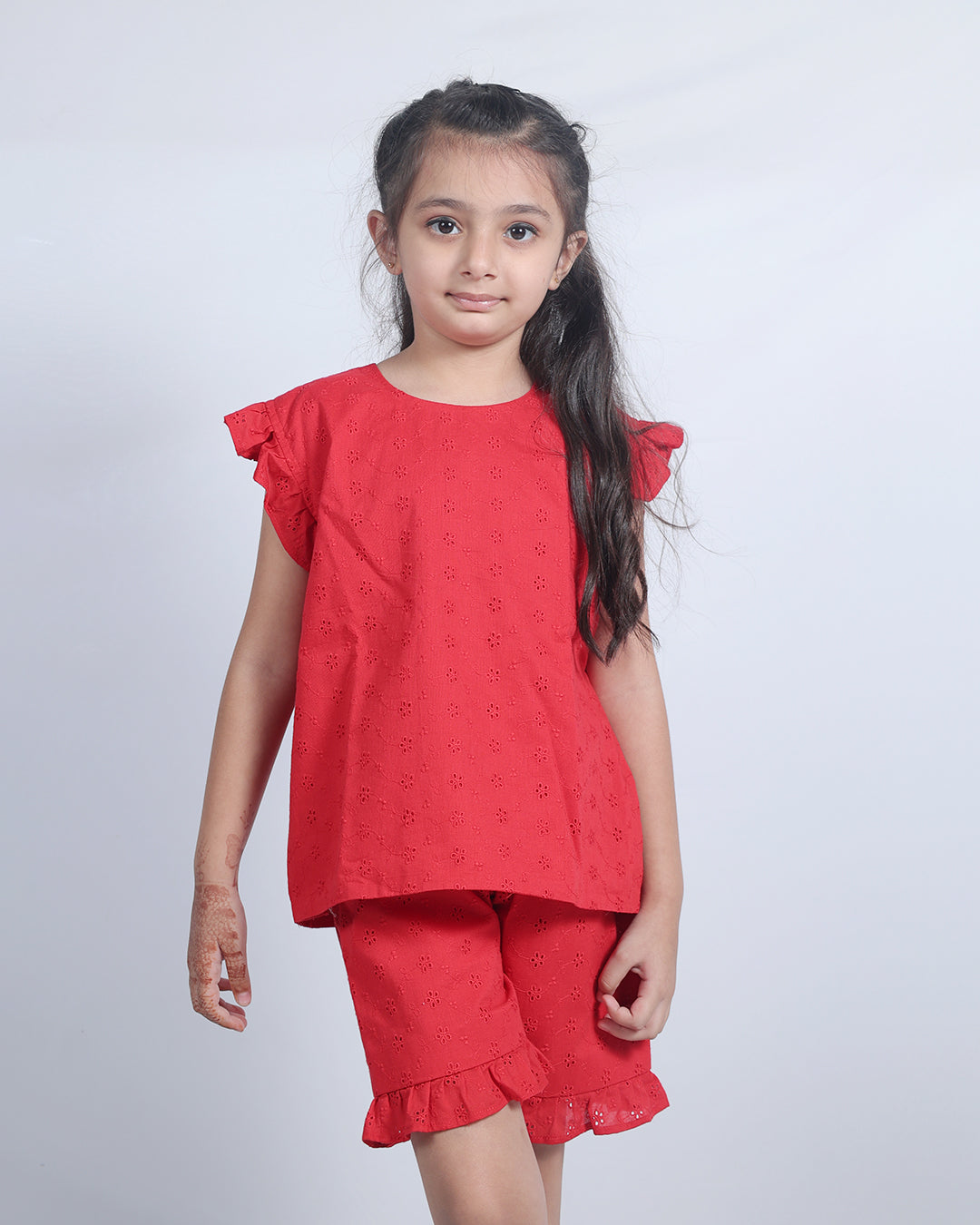 RED SCHIFFLI CO-ORD SET