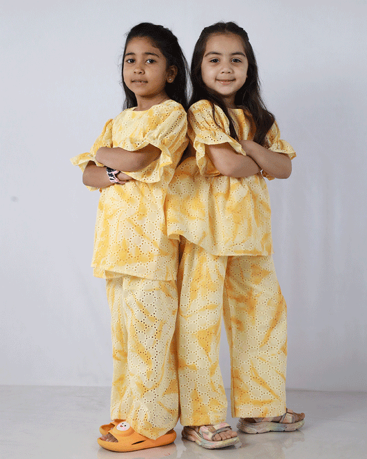 YELLOW SCHIFFLI CO-ORD SET