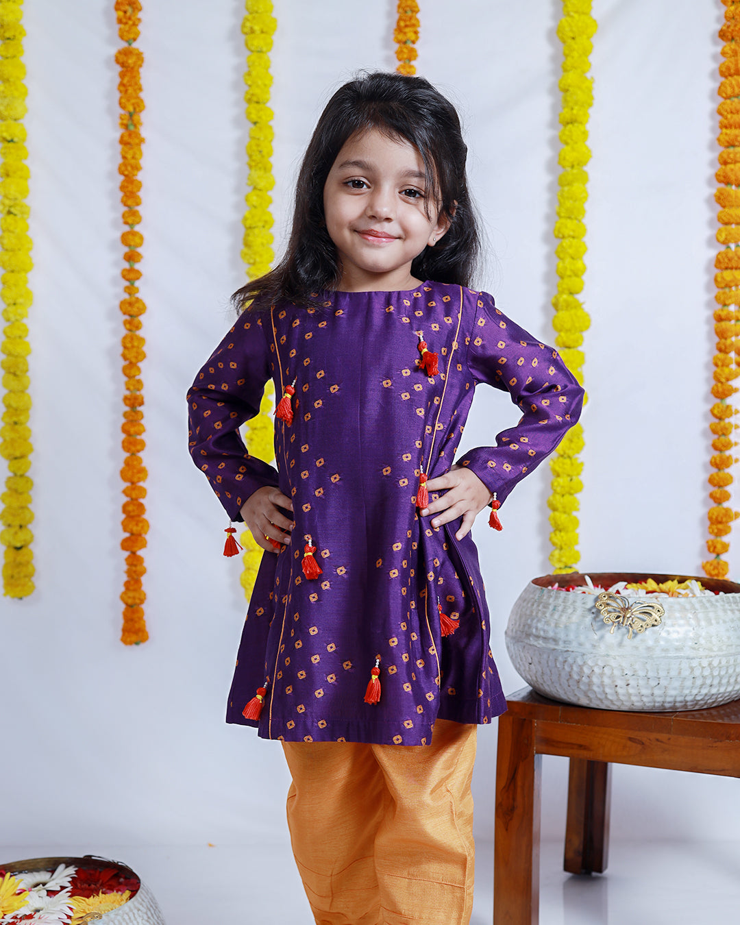 A-LINE PURPLE BANDHANI KURTA SET