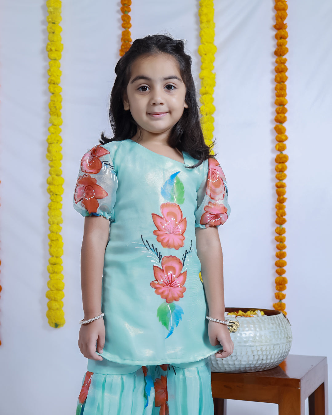 BLUE HAND-PAINTED KURTA SHARARA SET