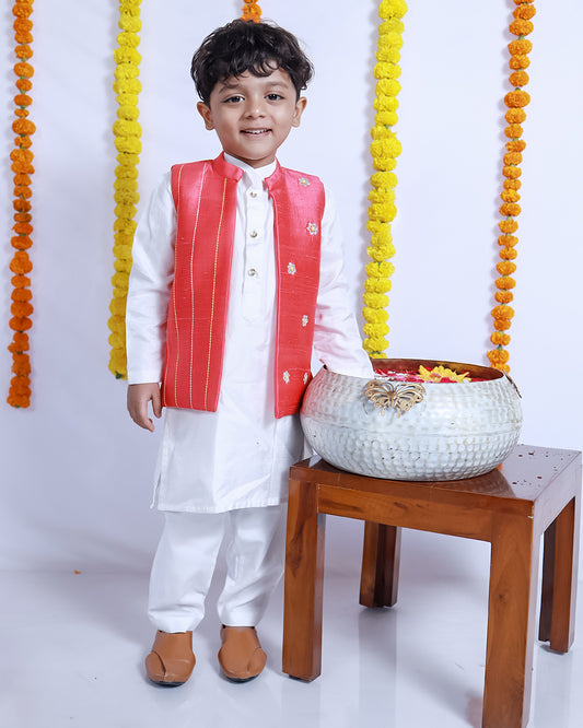 ELEGANT PEACH RAW SILK NEHRU JACKET SET