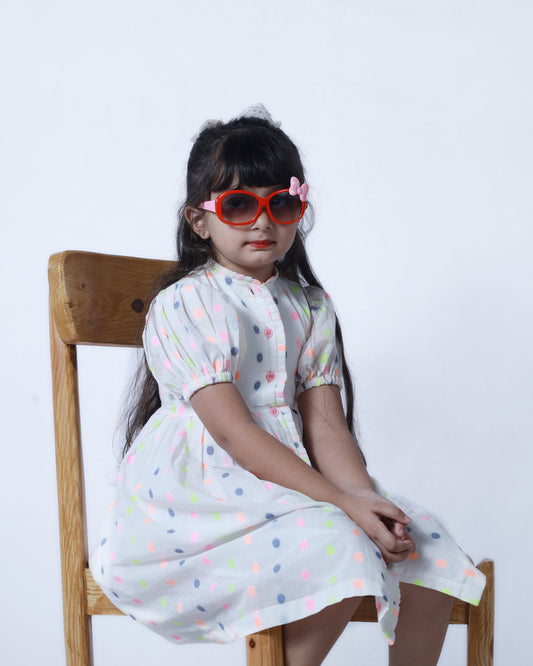 WHITE  MULTI COLORED POLKA DRESS