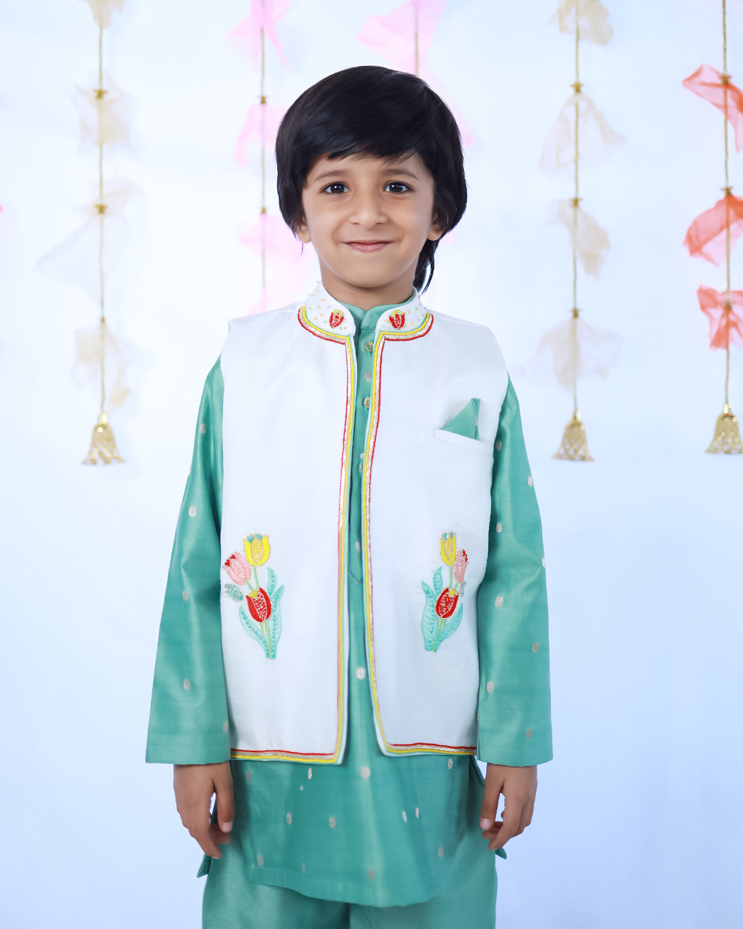 DUSTY GREEN KURTA PAYJAMA WITH WHITE EMBROIDERED JACKET