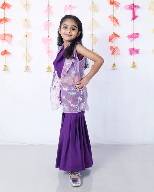 PURPLE COWL NECK CROPTOP AND SHARARA WITH LILAC ORGANZA JACKET