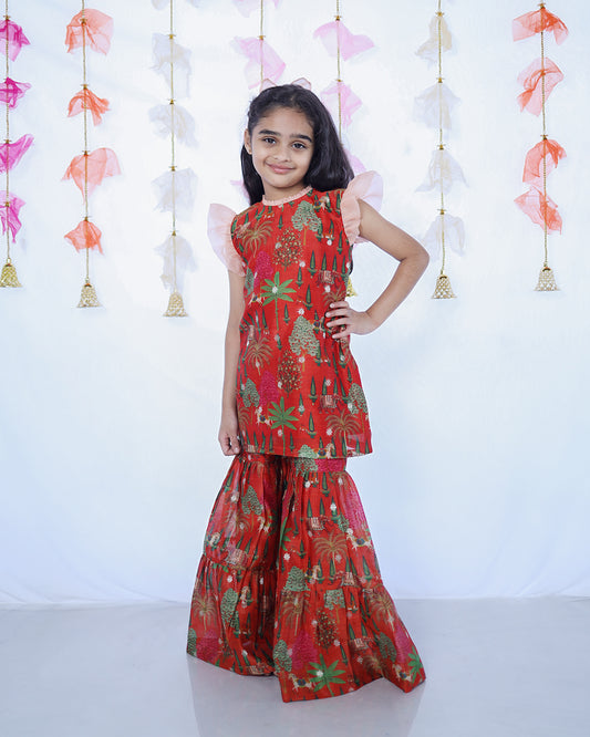 RUSTIC RED ANIMAL PRINT  KURTA SHARARA SET