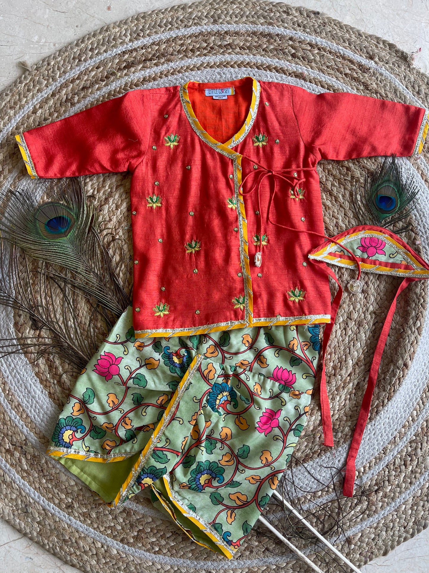 GREEN KALAMKARI DHOTI WITH ORANGE KURTA