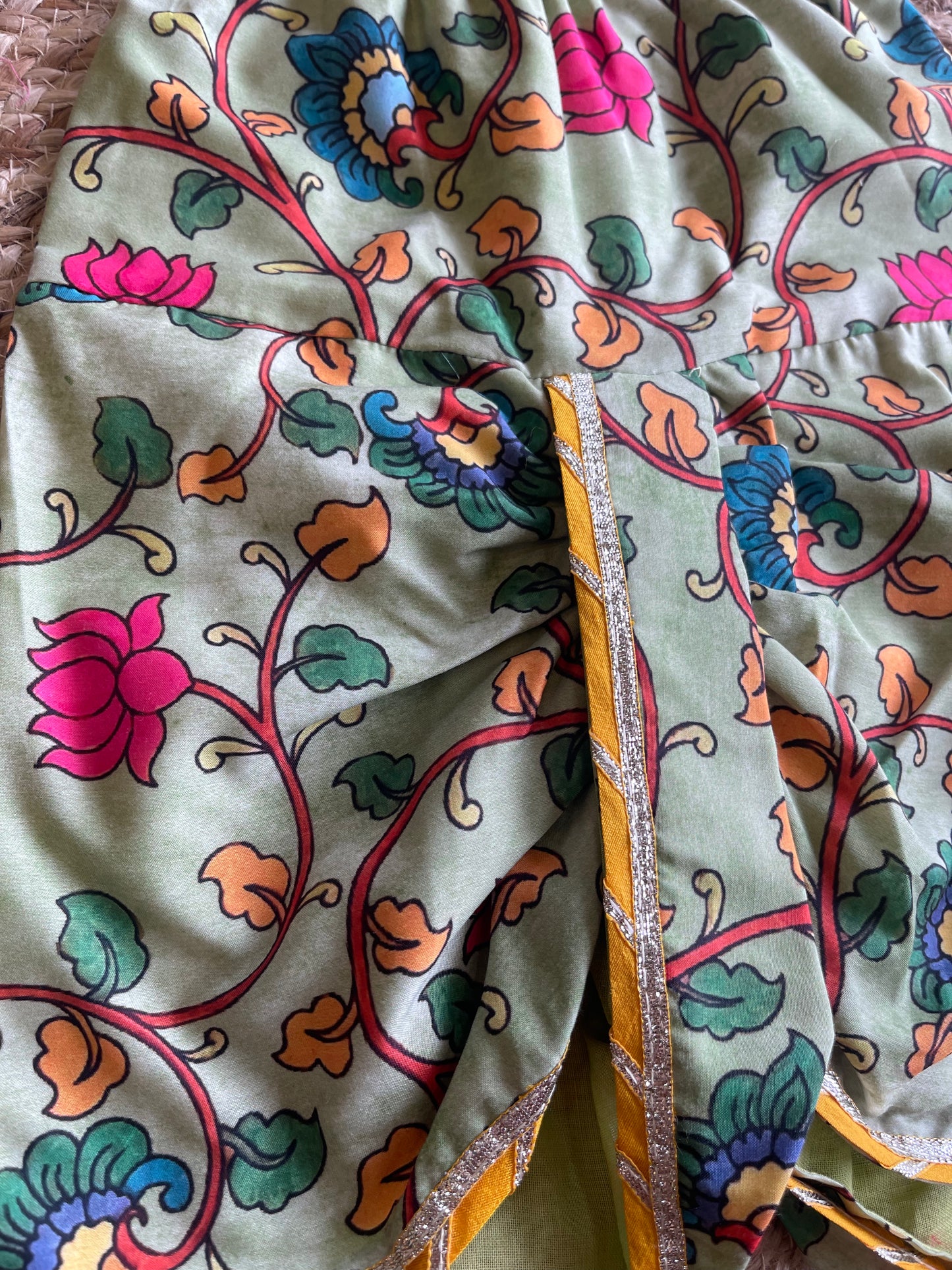 GREEN KALAMKARI DHOTI WITH ORANGE KURTA