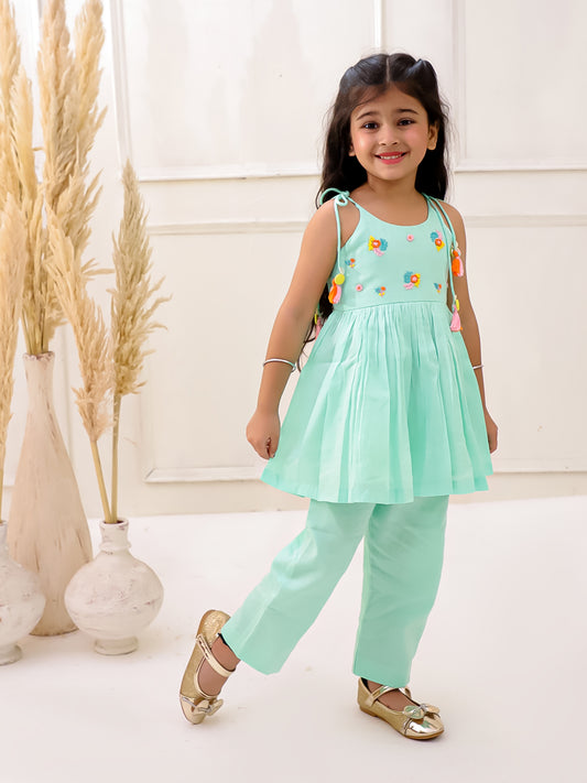 PASTEL SEA GREEN ORGANIC MUL COTTON EMBROIDERED KURTI SET