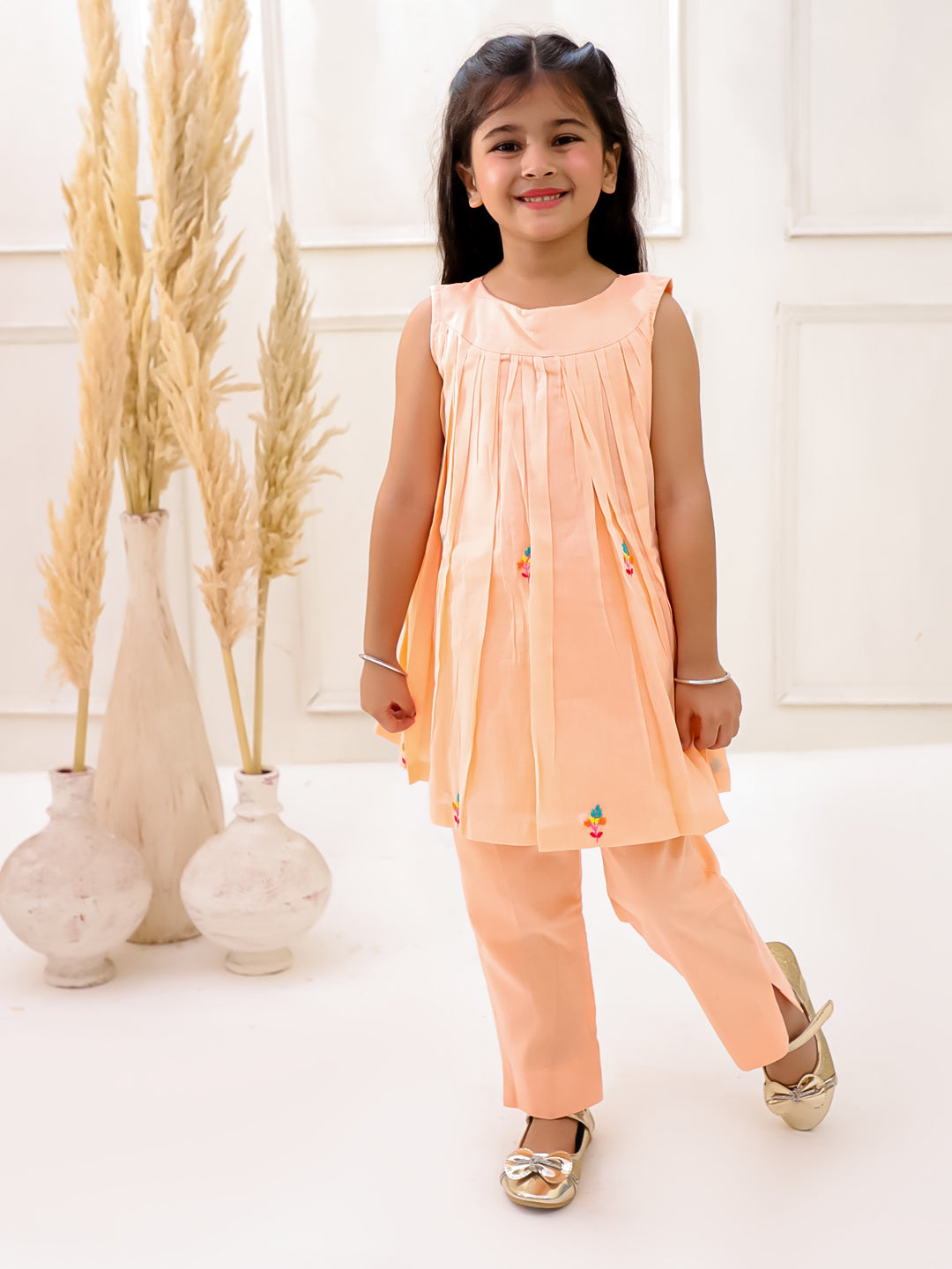 PEACH ORGANIC MUL COTTON EMBROIDERED KURTI SET