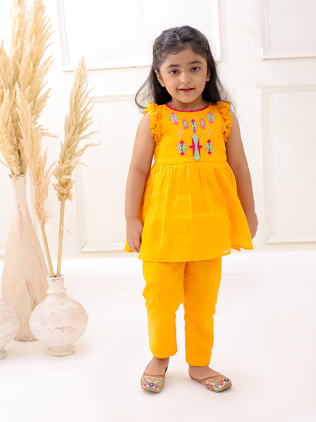 ORANGE ORGANIC MUL COTTON FRILL KURTI SET