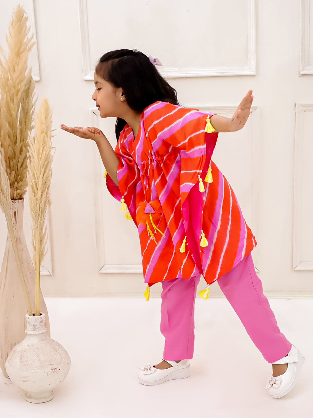ORANGE AND PINK LEHERIYA KAFTAN SET