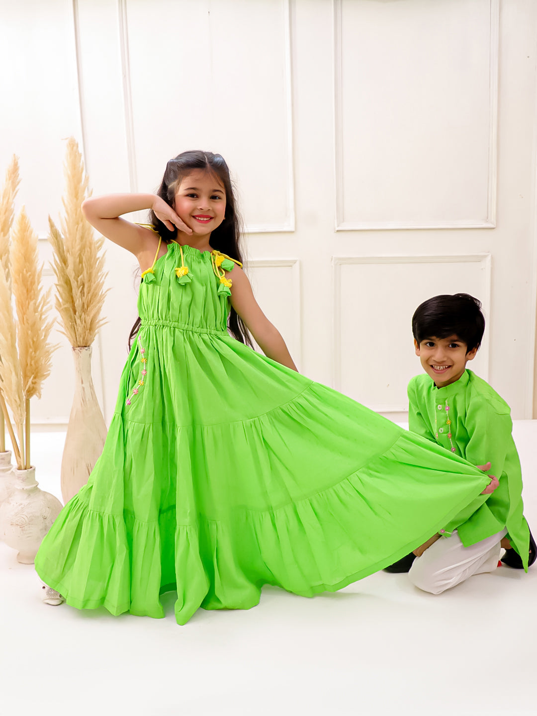 NEON GREEN EMBROIDERED KURTA SET