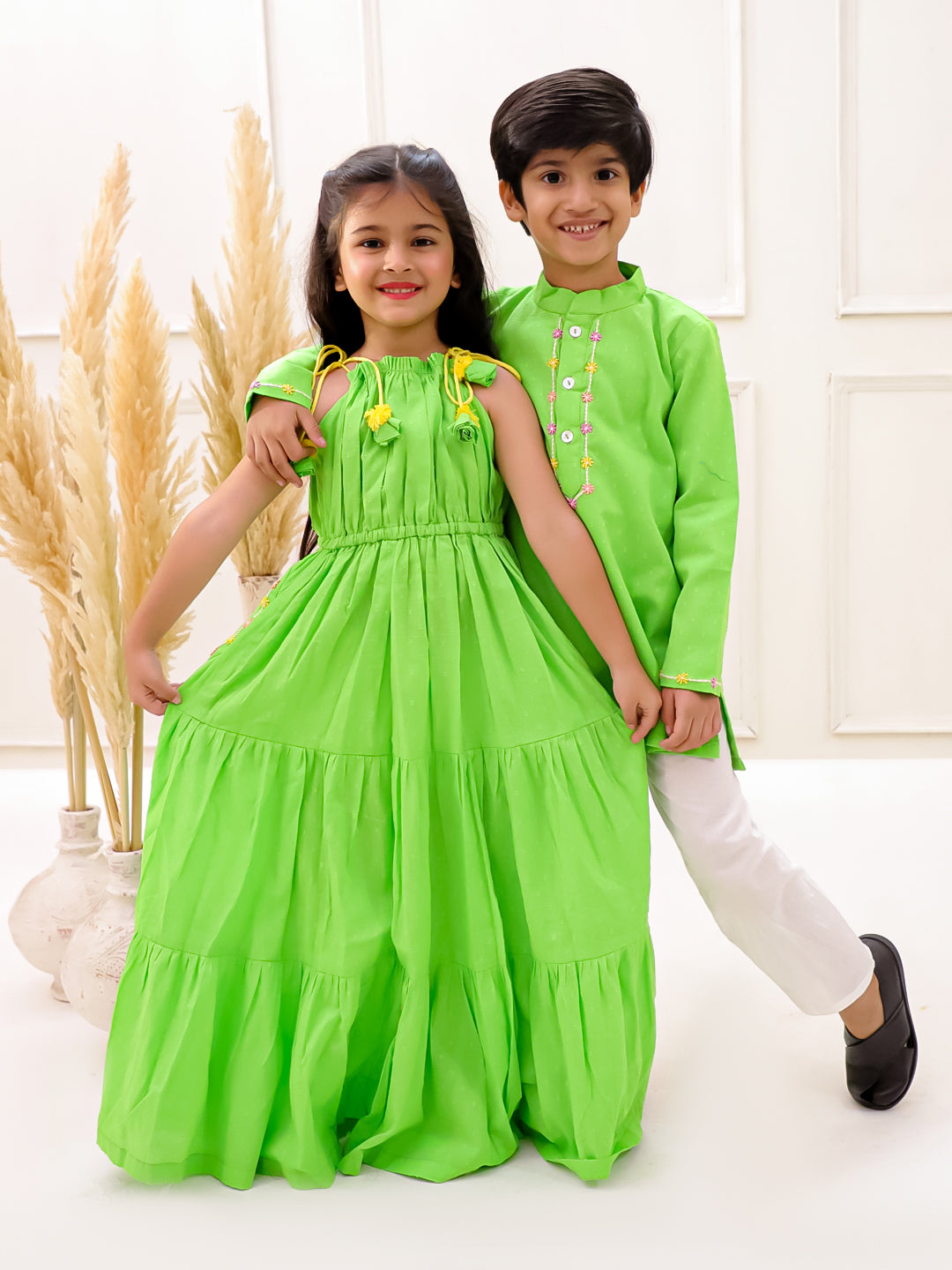 NEON GREEN EMBROIDERED KURTA SET