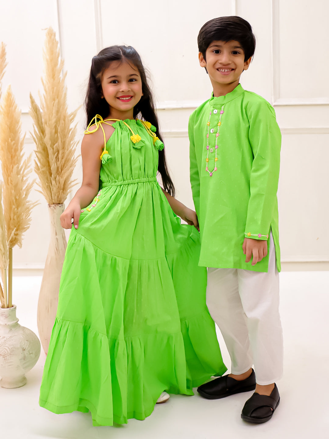 NEON GREEN EMBROIDERED KURTA SET