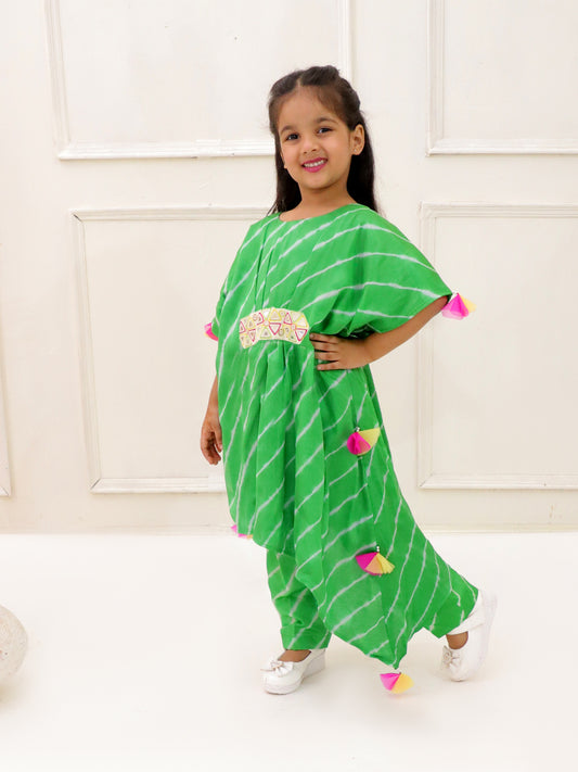 GREEN ASYMMETRIC LEHERIYA KAFTAN SET