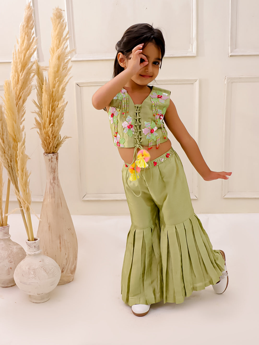 OLIVE BLOOM 3D EMBROIDERED SHARARA SET