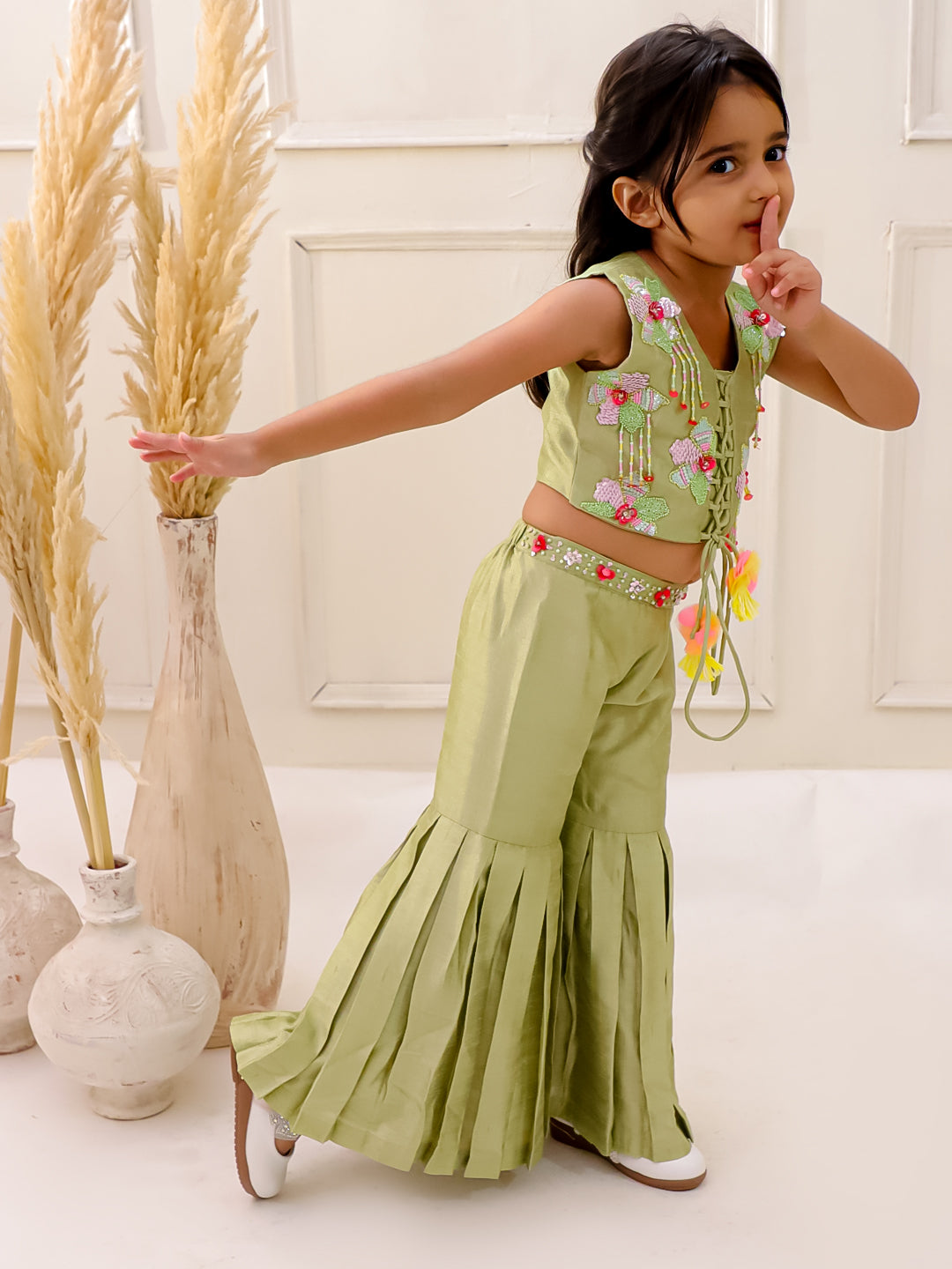 OLIVE BLOOM 3D EMBROIDERED SHARARA SET
