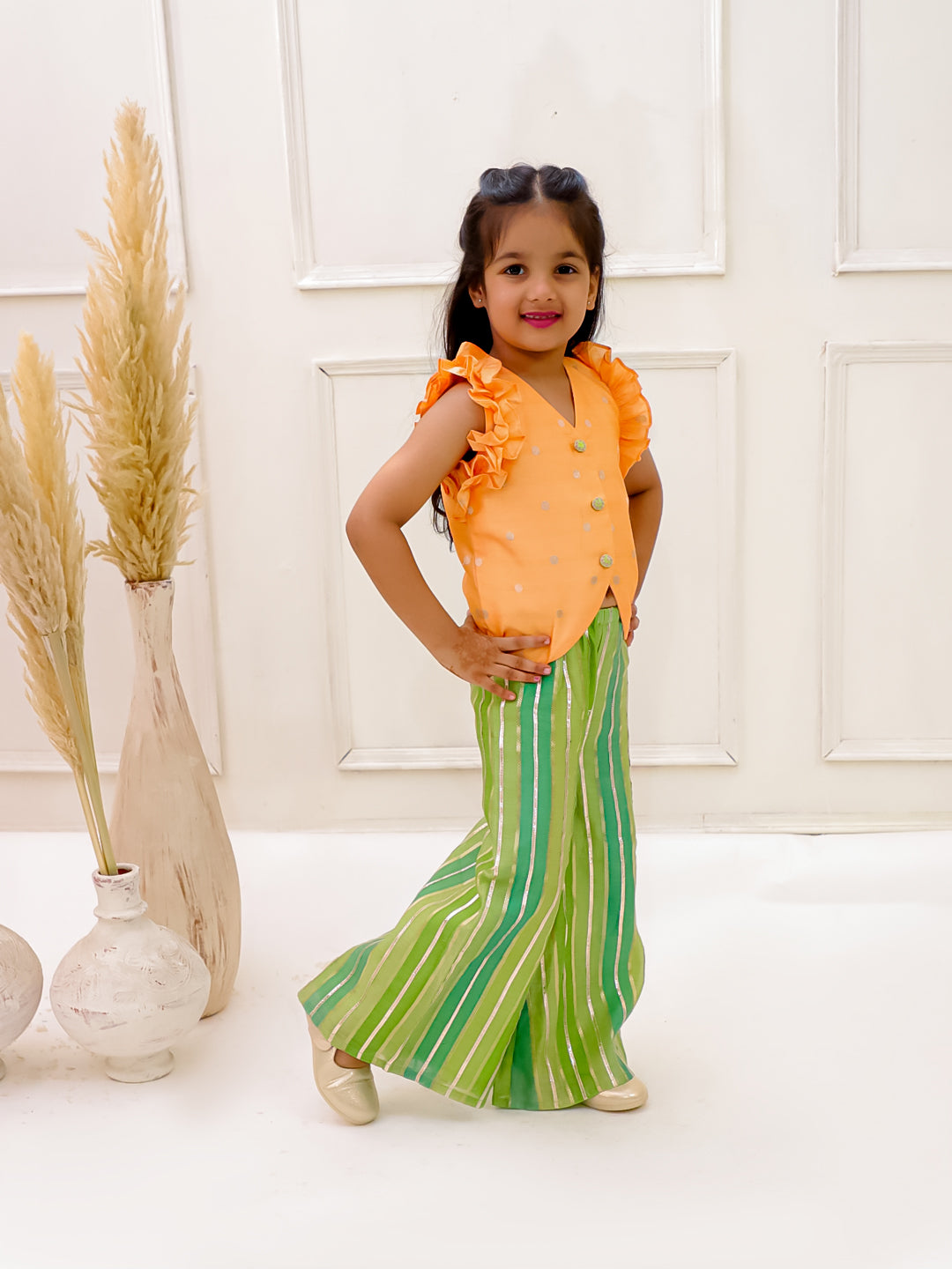 PEACH AND STRIPES ,VEST COAT SET