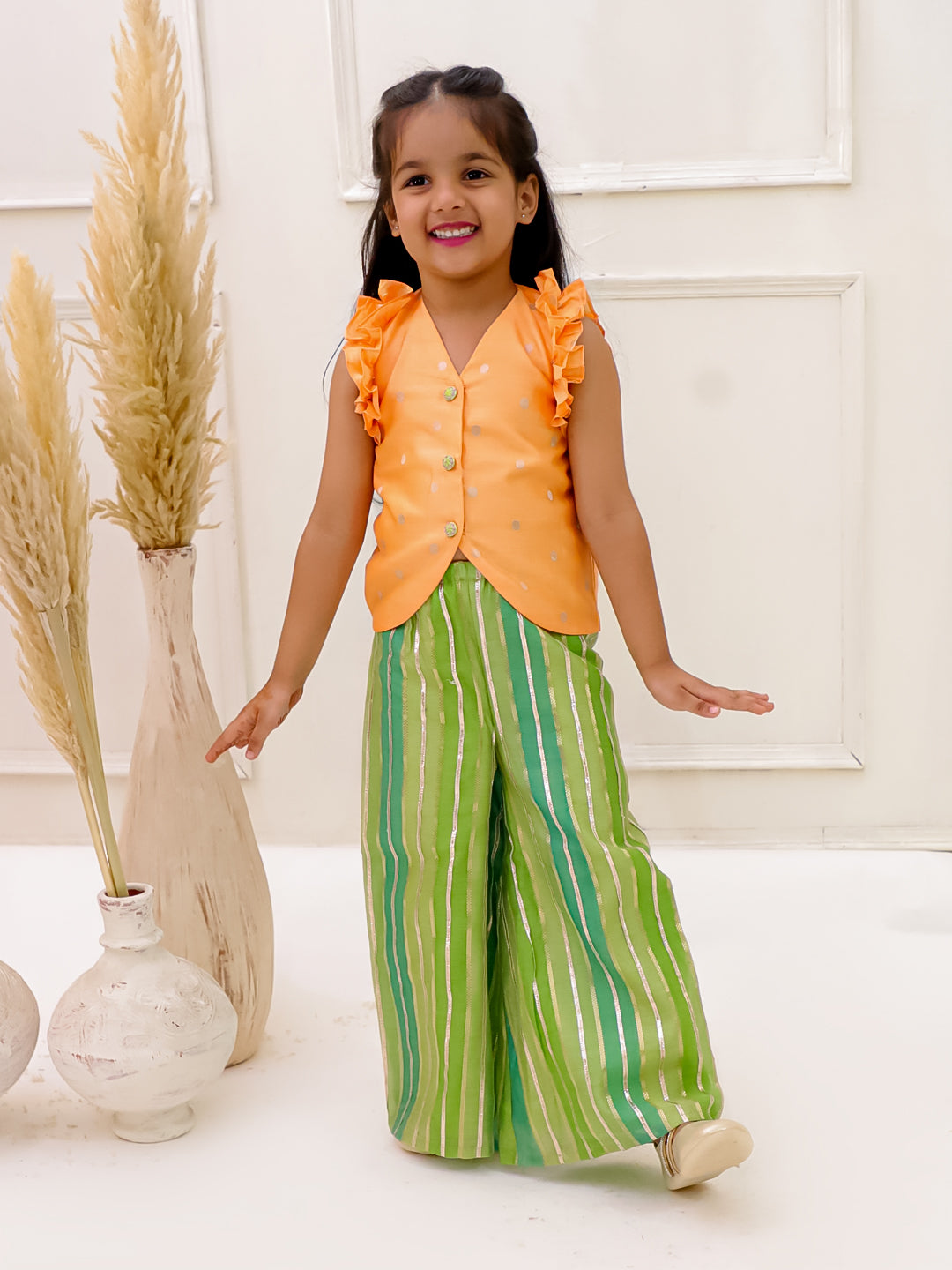 PEACH AND STRIPES ,VEST COAT SET