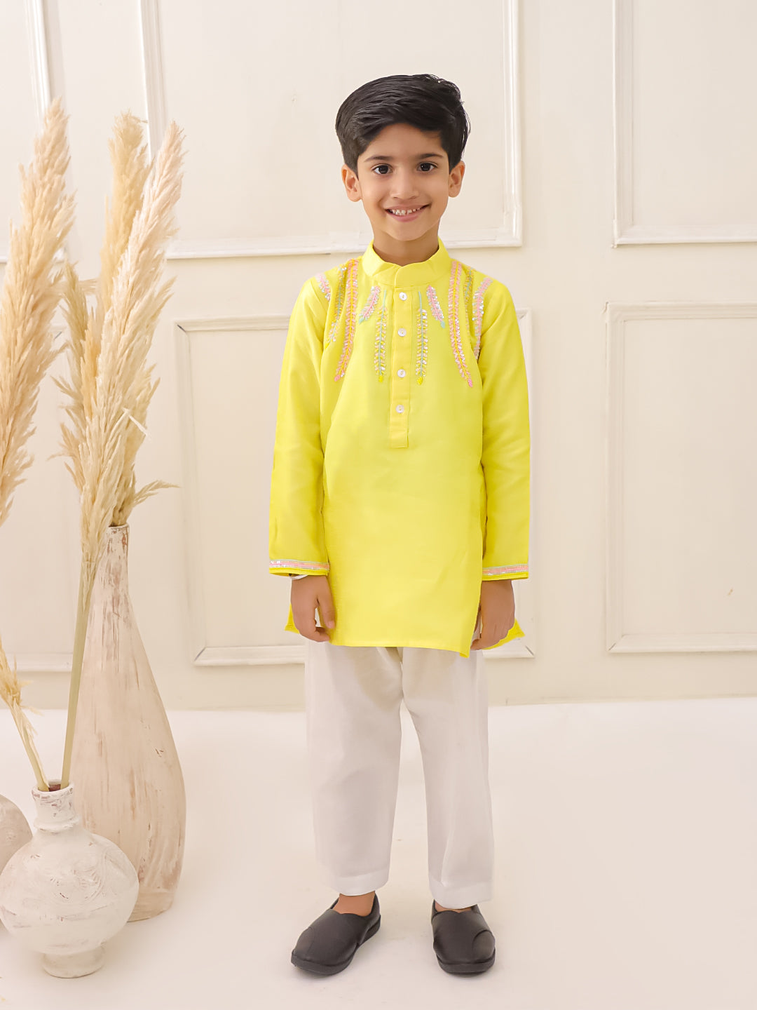 YELLOW EMBROIDERED SILK KURTA SET