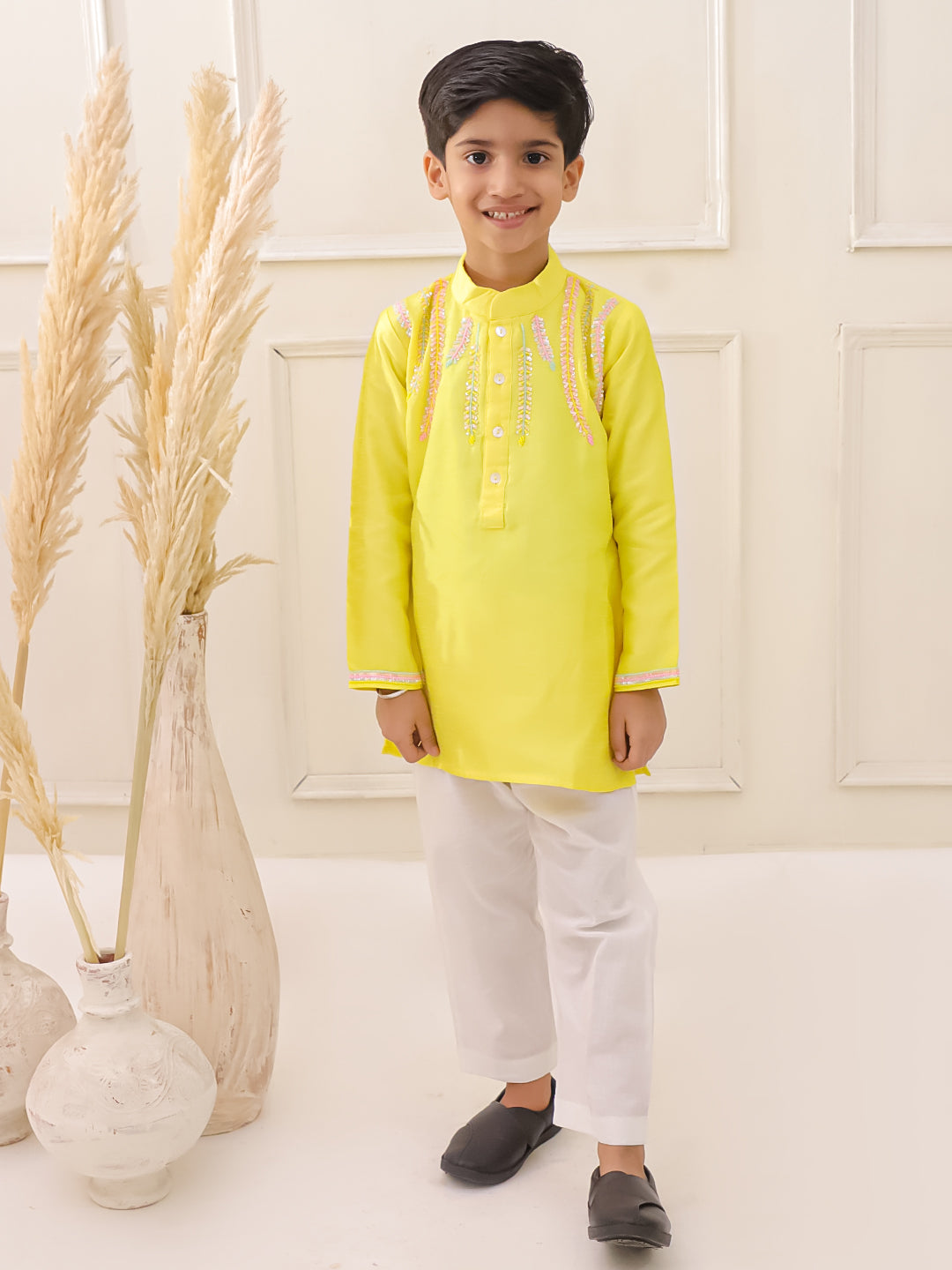 YELLOW EMBROIDERED SILK KURTA SET